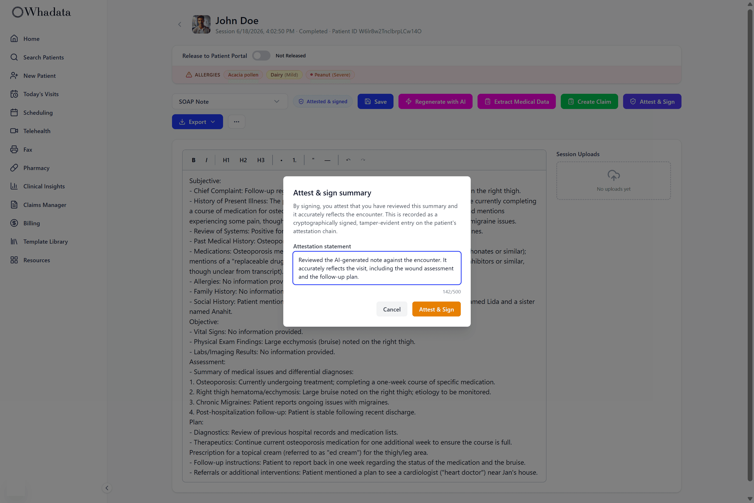 Attest and sign dialog with the physician's attestation statement typed in