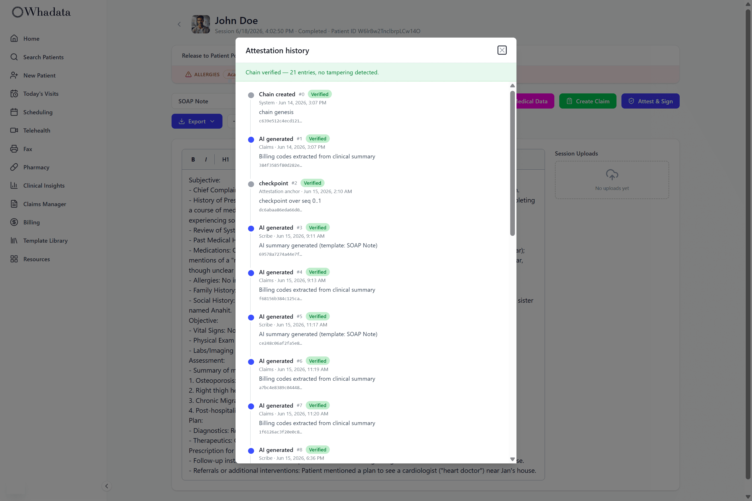 Attestation chain with genesis, AI-generated, and checkpoint entries, each marked verified