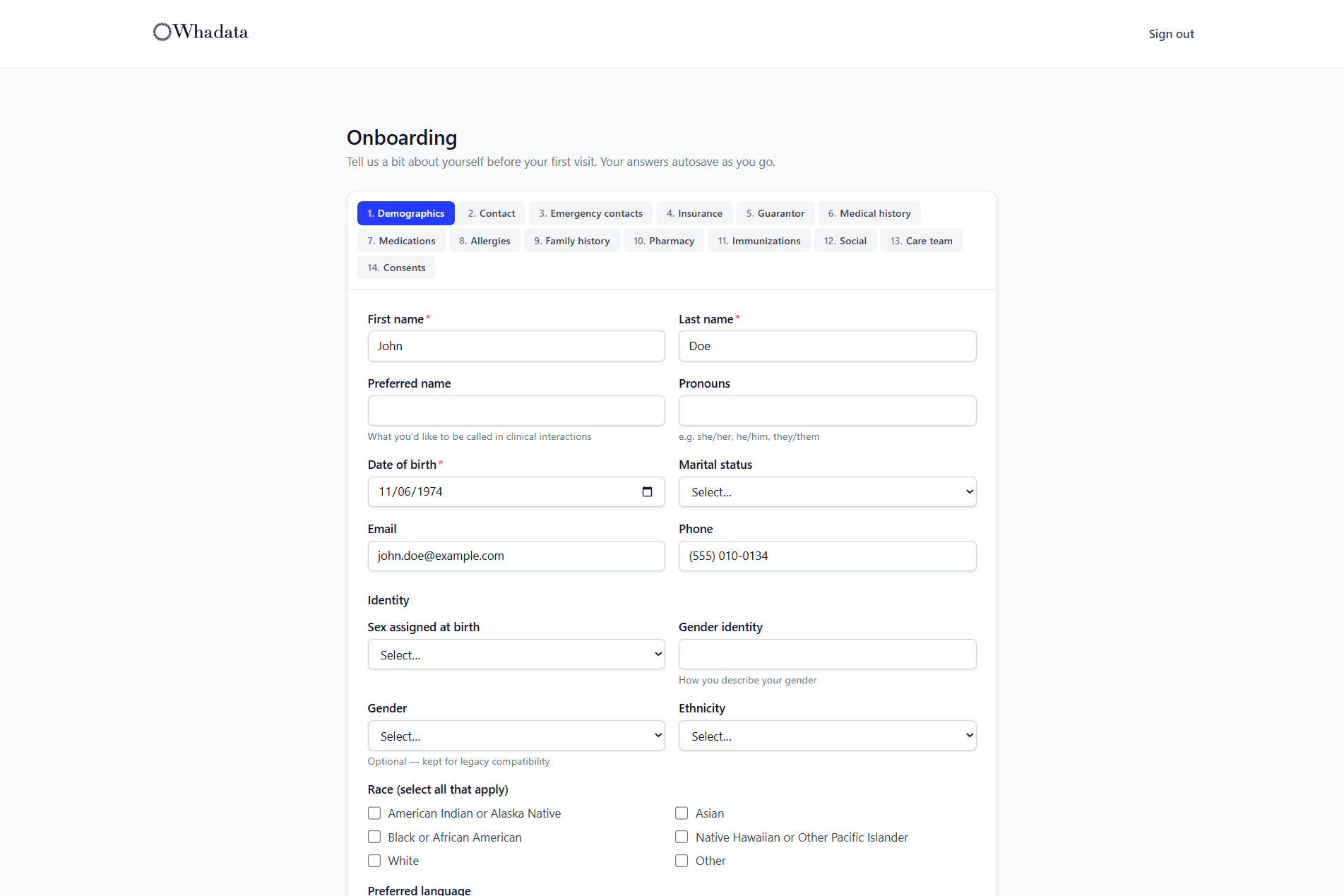 Patient portal intake wizard with all fourteen sections and the demographics section open