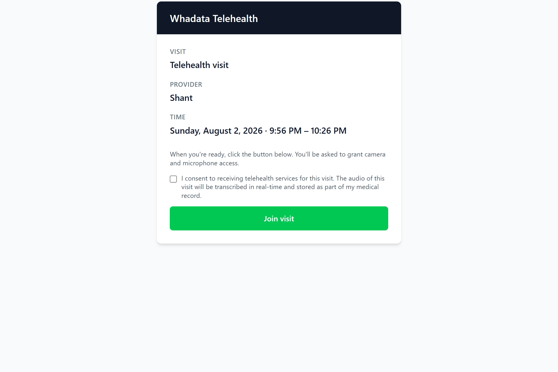 Patient join screen showing the visit, provider, time, a consent checkbox, and a join button