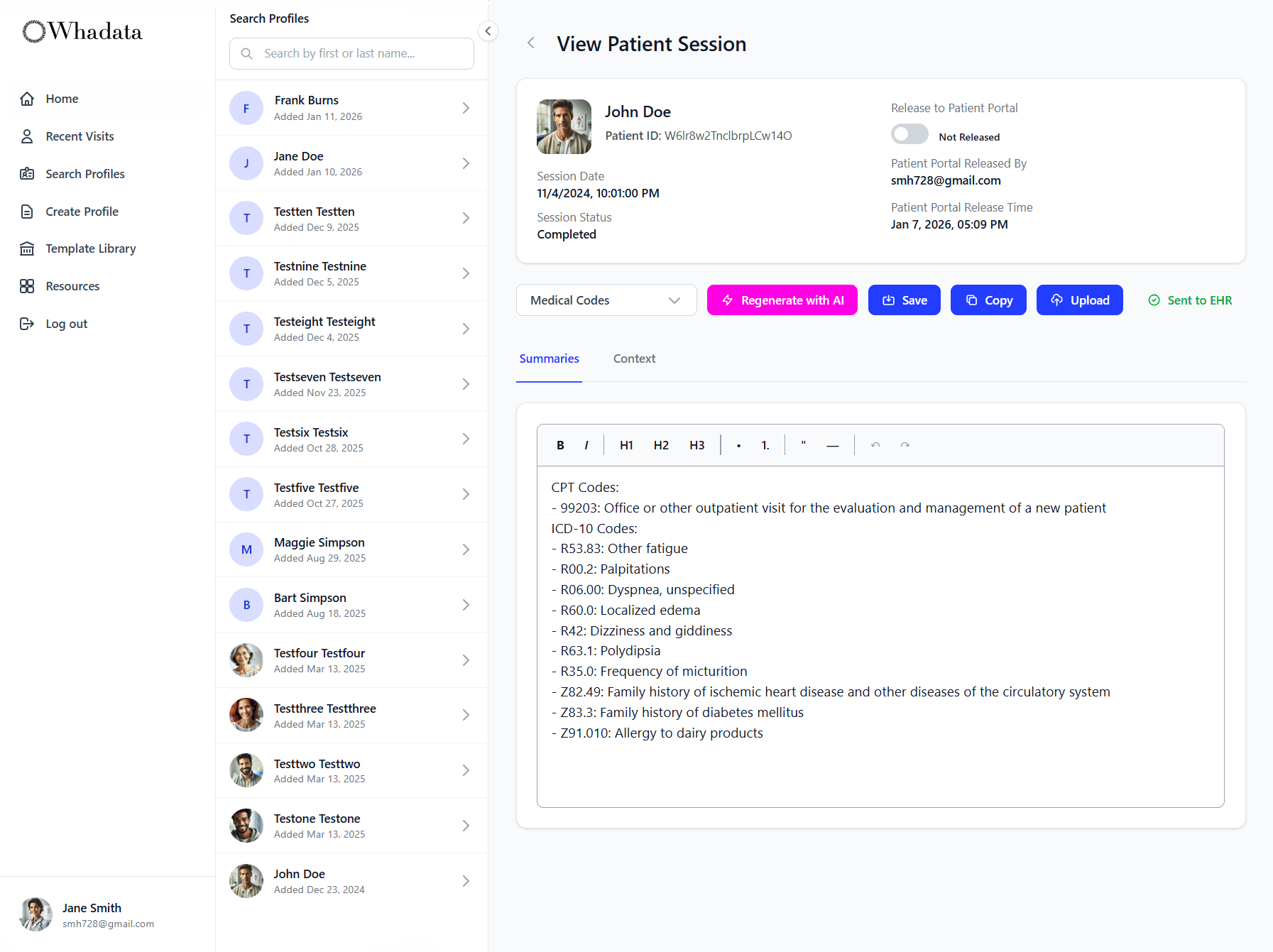 Whadata web app - Medical codes