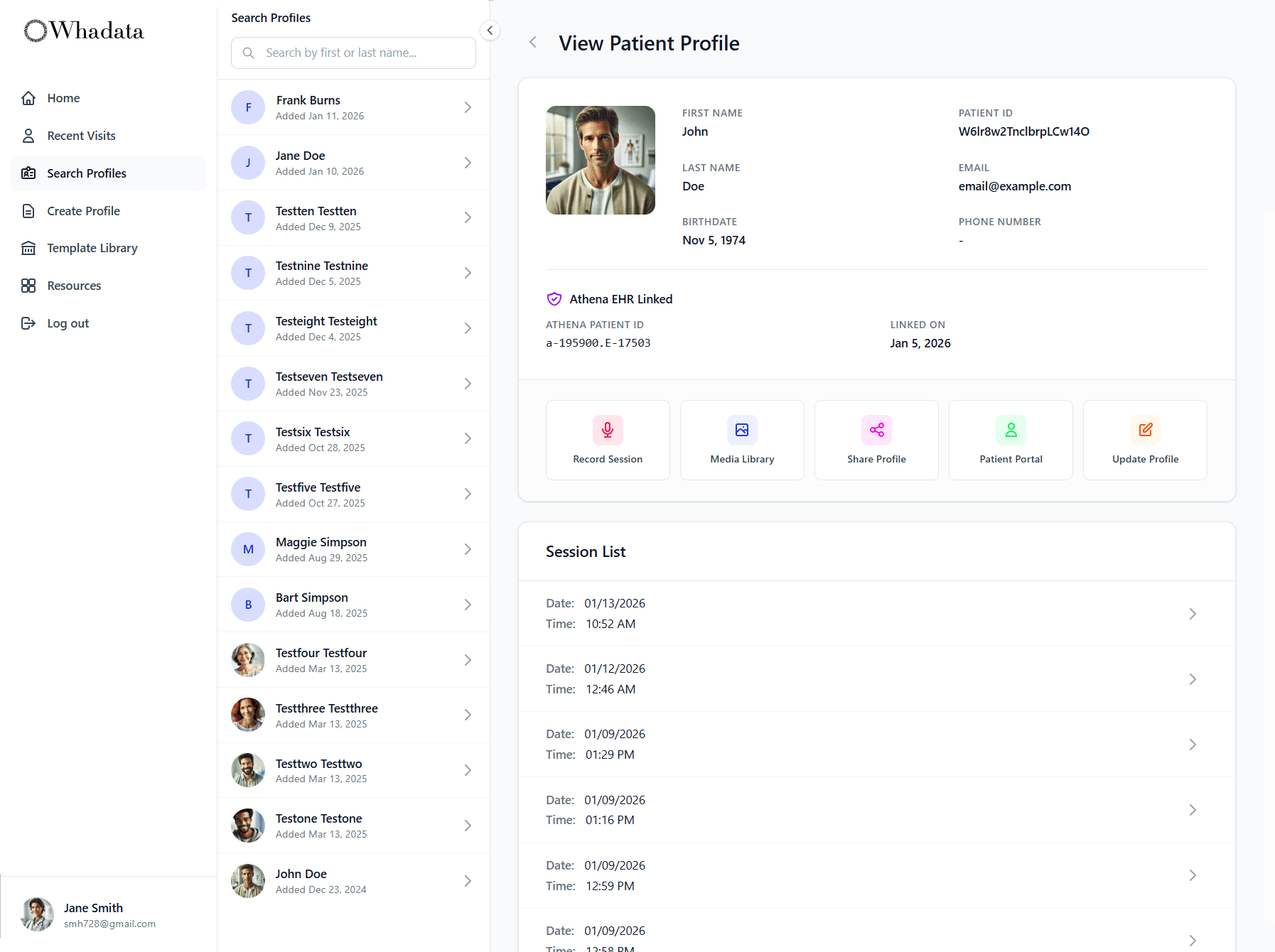 Whadata web app - Patient profile