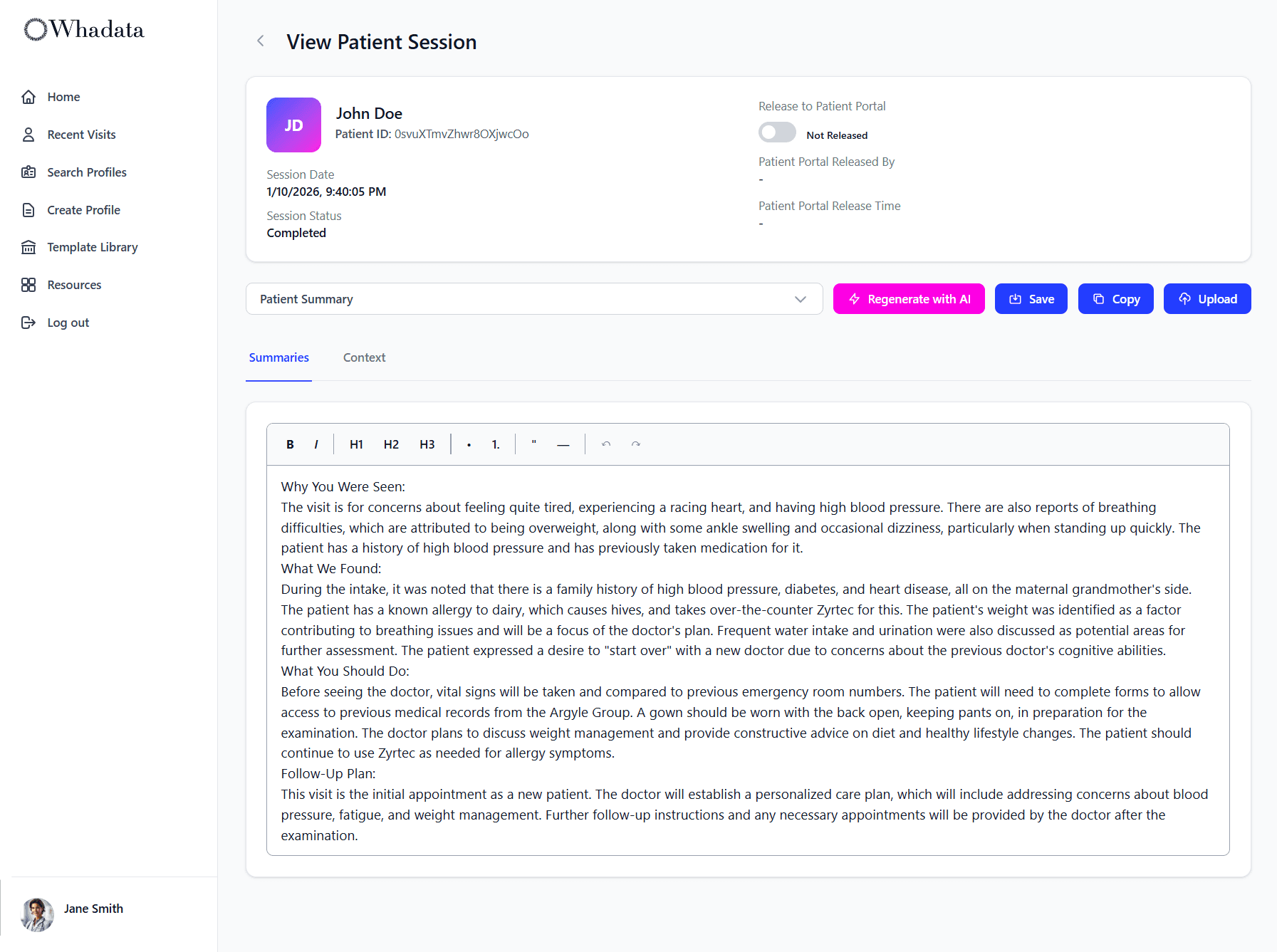 Whadata web app - Patient summary