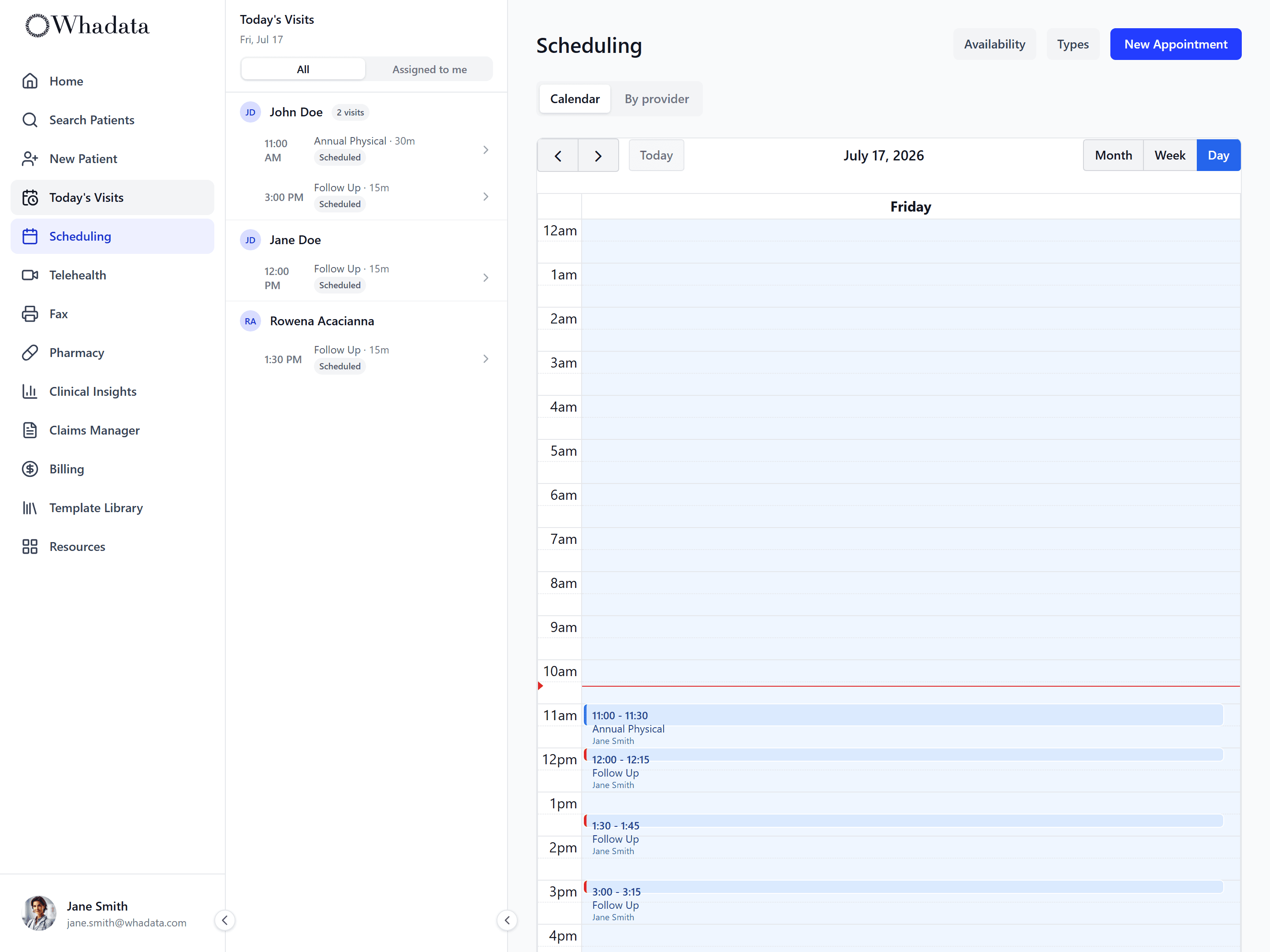 Scheduling calendar day view with a Today's Visits side panel listing the day's appointments by patient