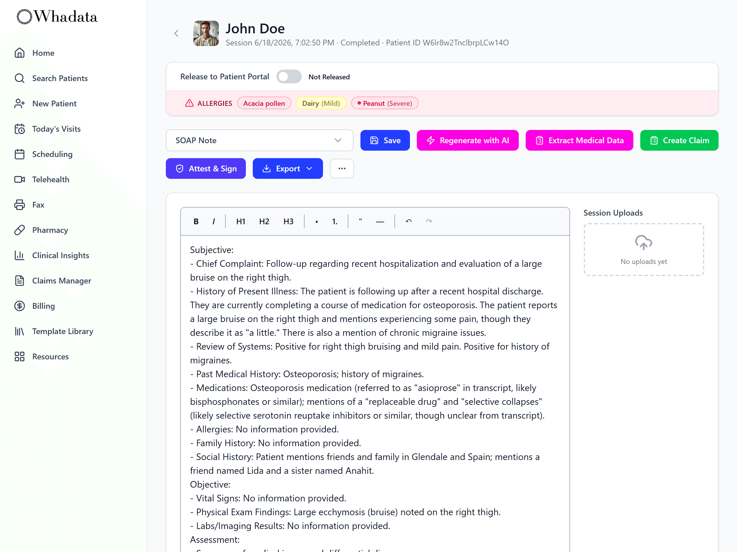 A generated SOAP note for a patient with subjective, objective, and assessment sections, plus save, regenerate, attest and sign, and export actions