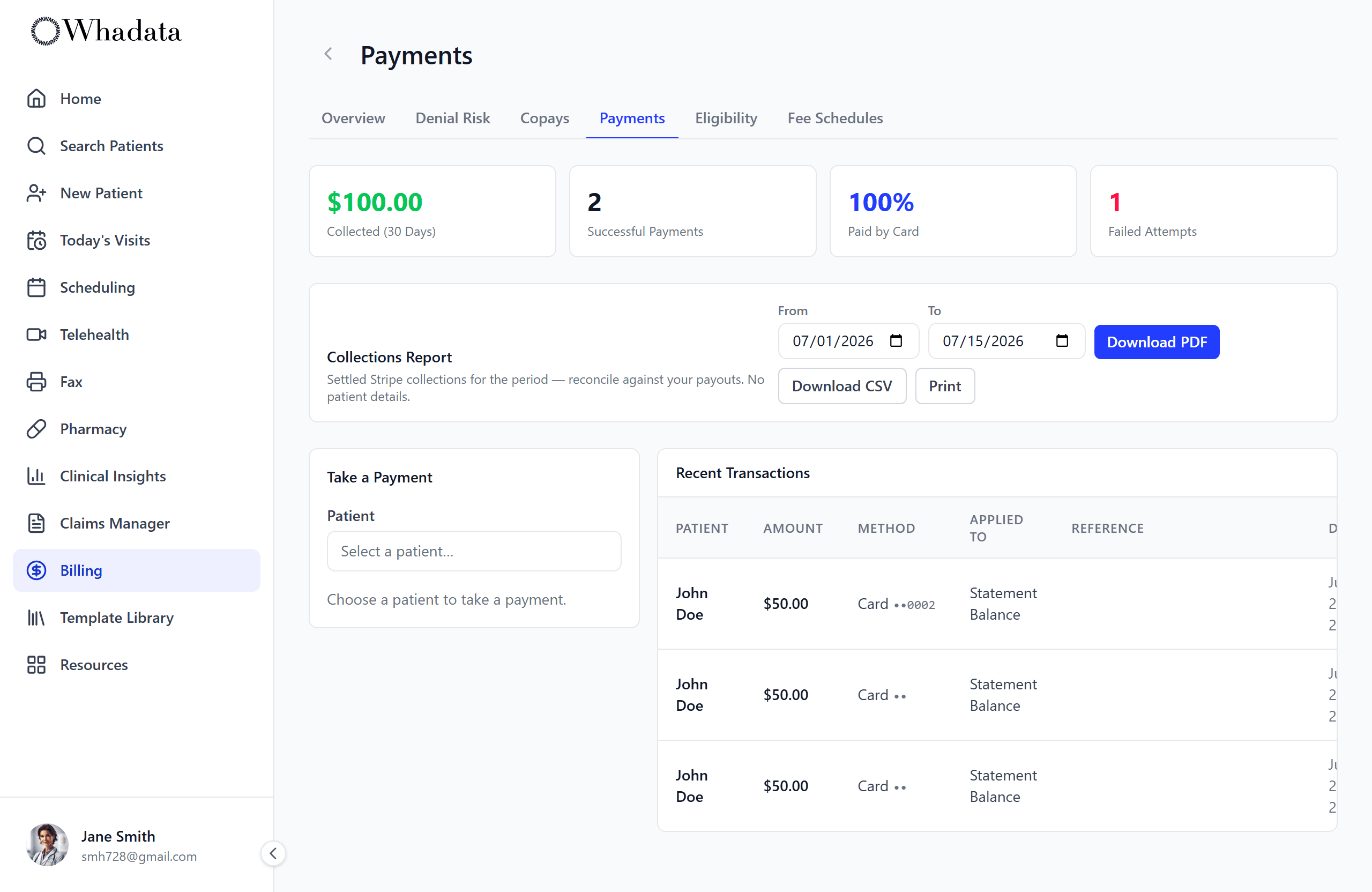 Billing payments dashboard: collected total, successful payments, a collections report exporter, and recent transactions