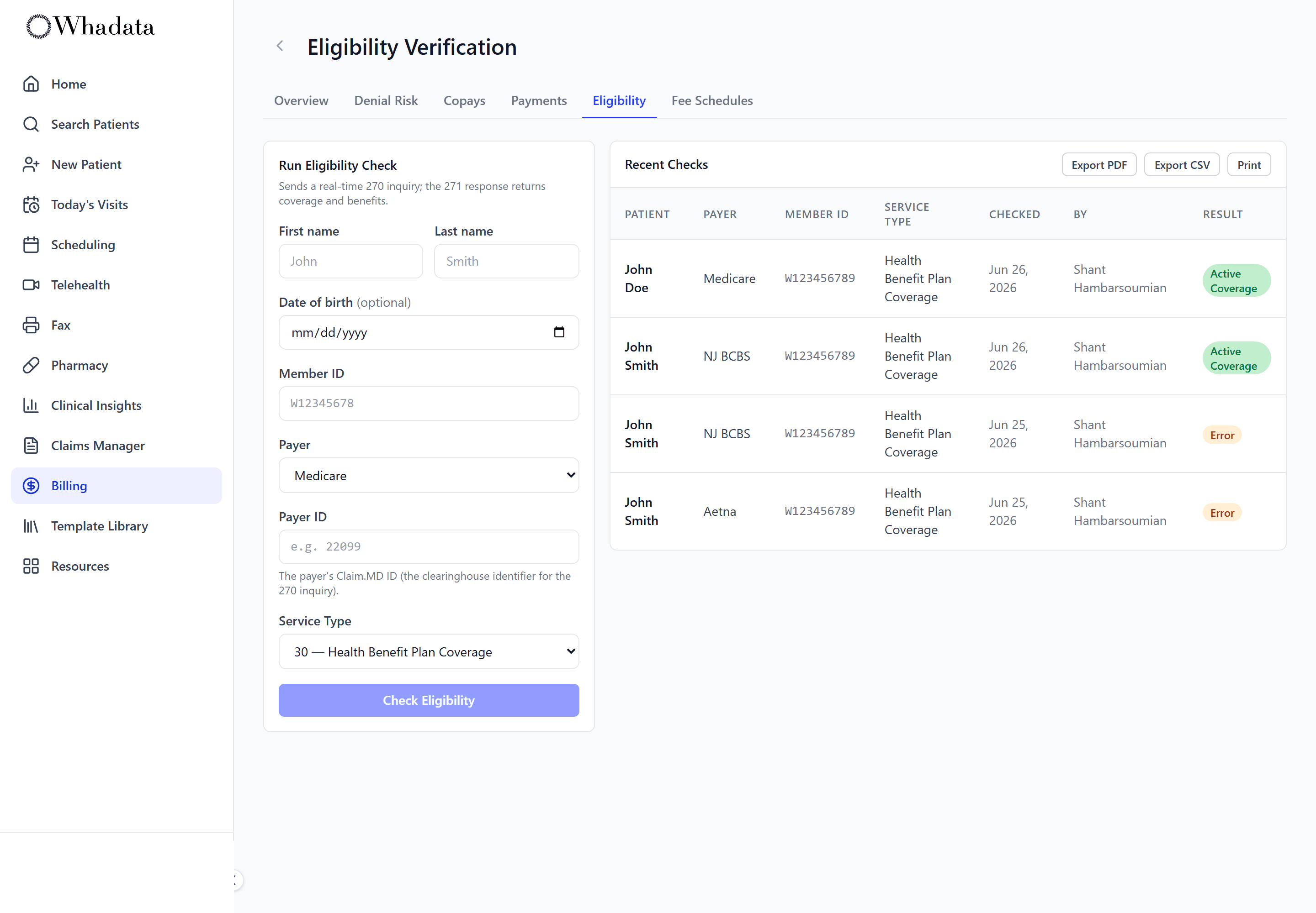 Eligibility verification with a 270 request form and recent 271 coverage results