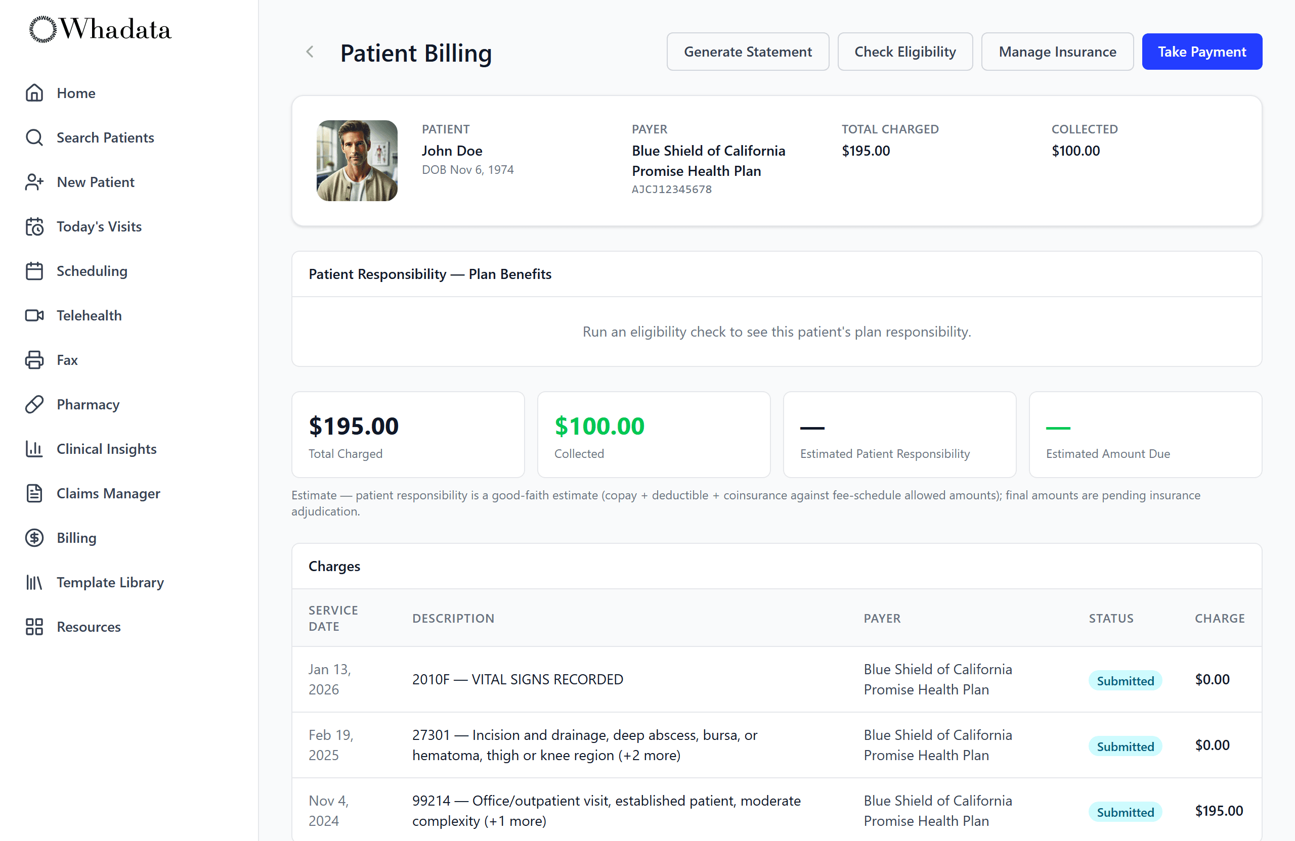 Patient billing page with charges, plan benefits, and card payment history
