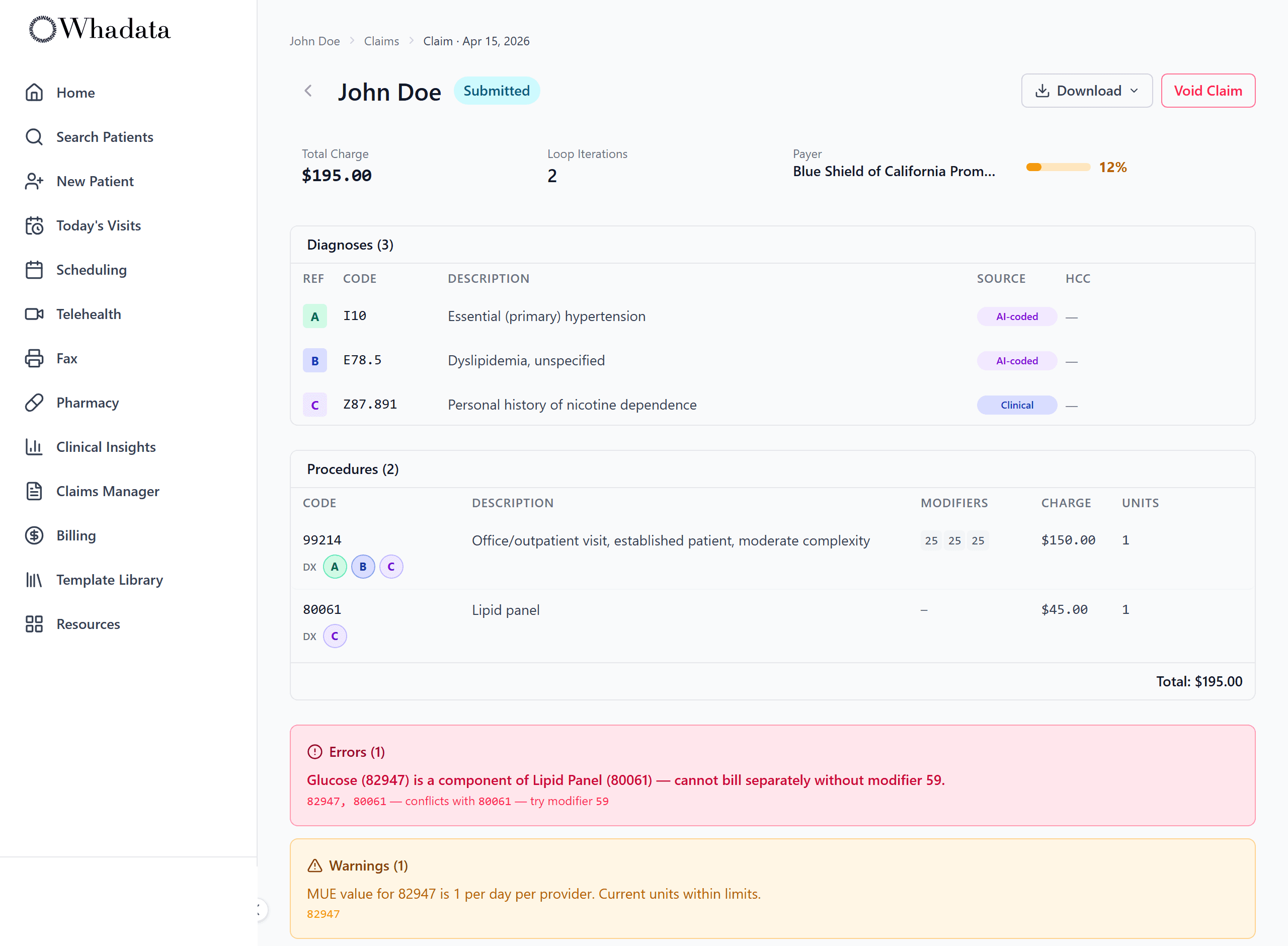 Submitted claim flagging an NCCI bundling edit with the reason and the fix