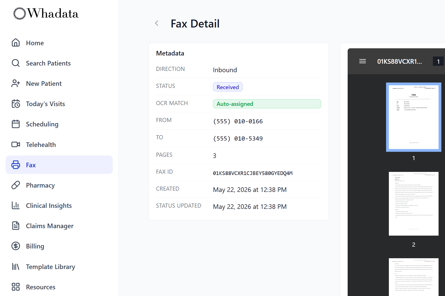 Inbound fax detail with an auto-assigned OCR match and the received pages alongside