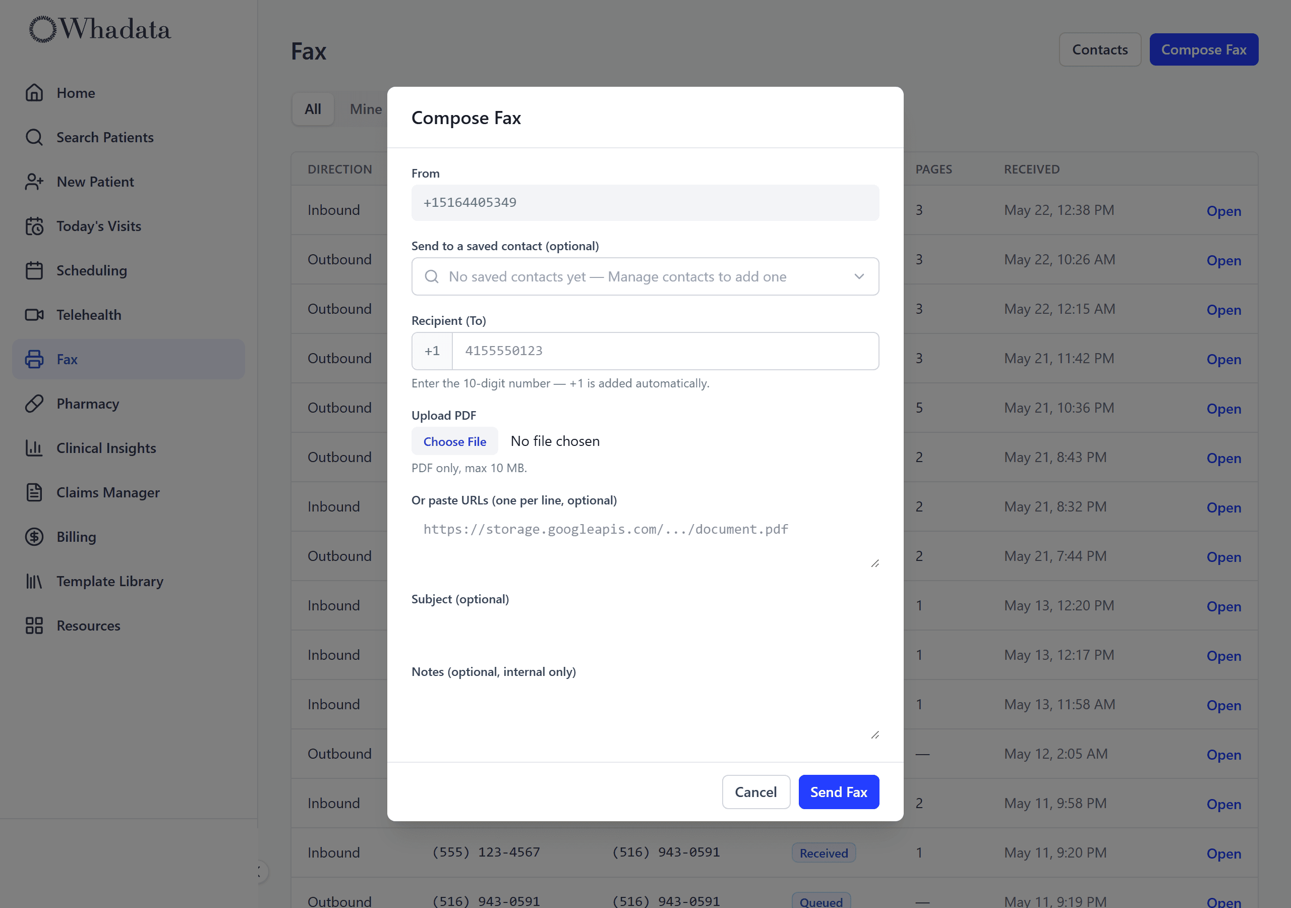 Compose fax dialog with recipient, PDF upload, and send