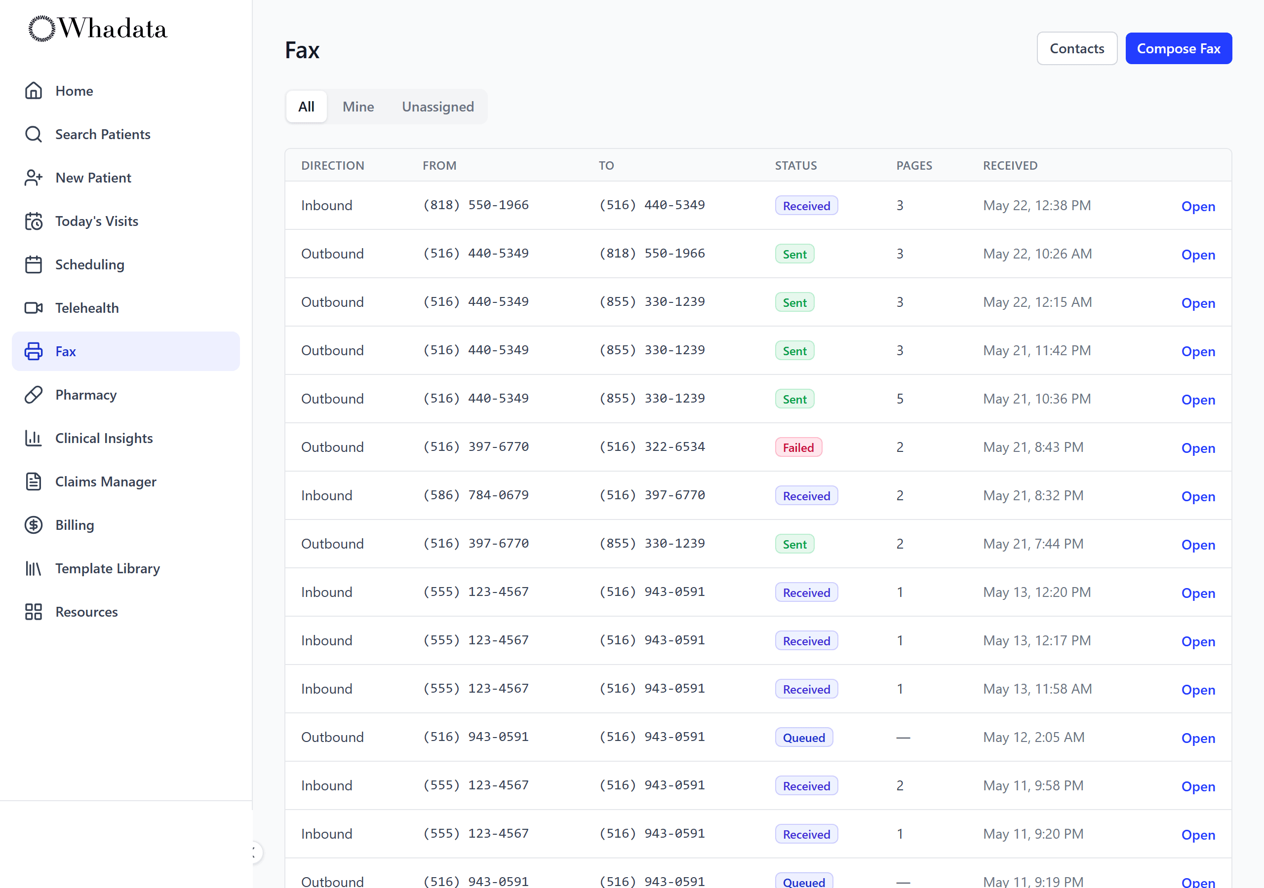 Shared fax inbox listing inbound and outbound faxes with delivery status