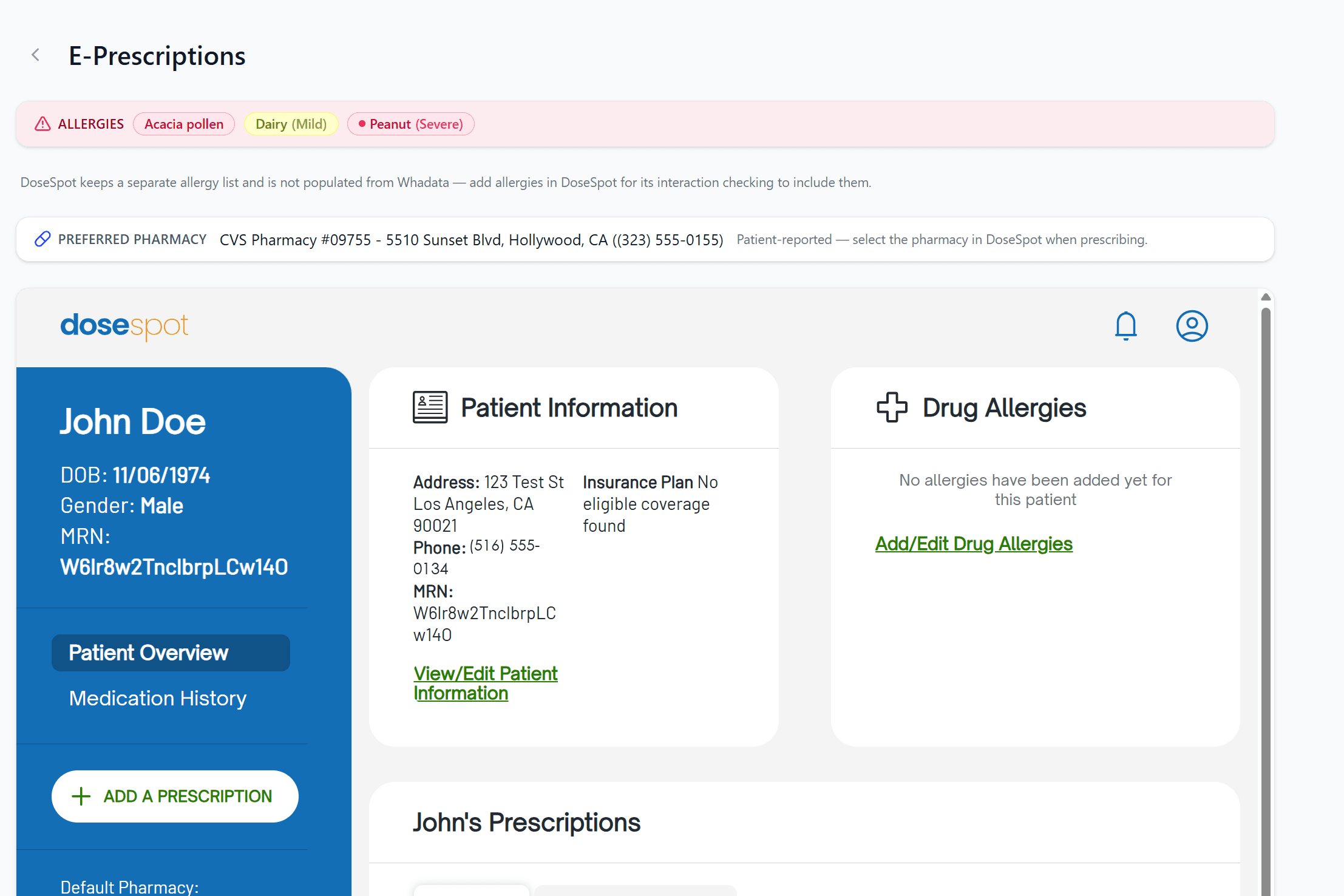 Allergy banner above the prescribing view with severity-coded chips for each reaction