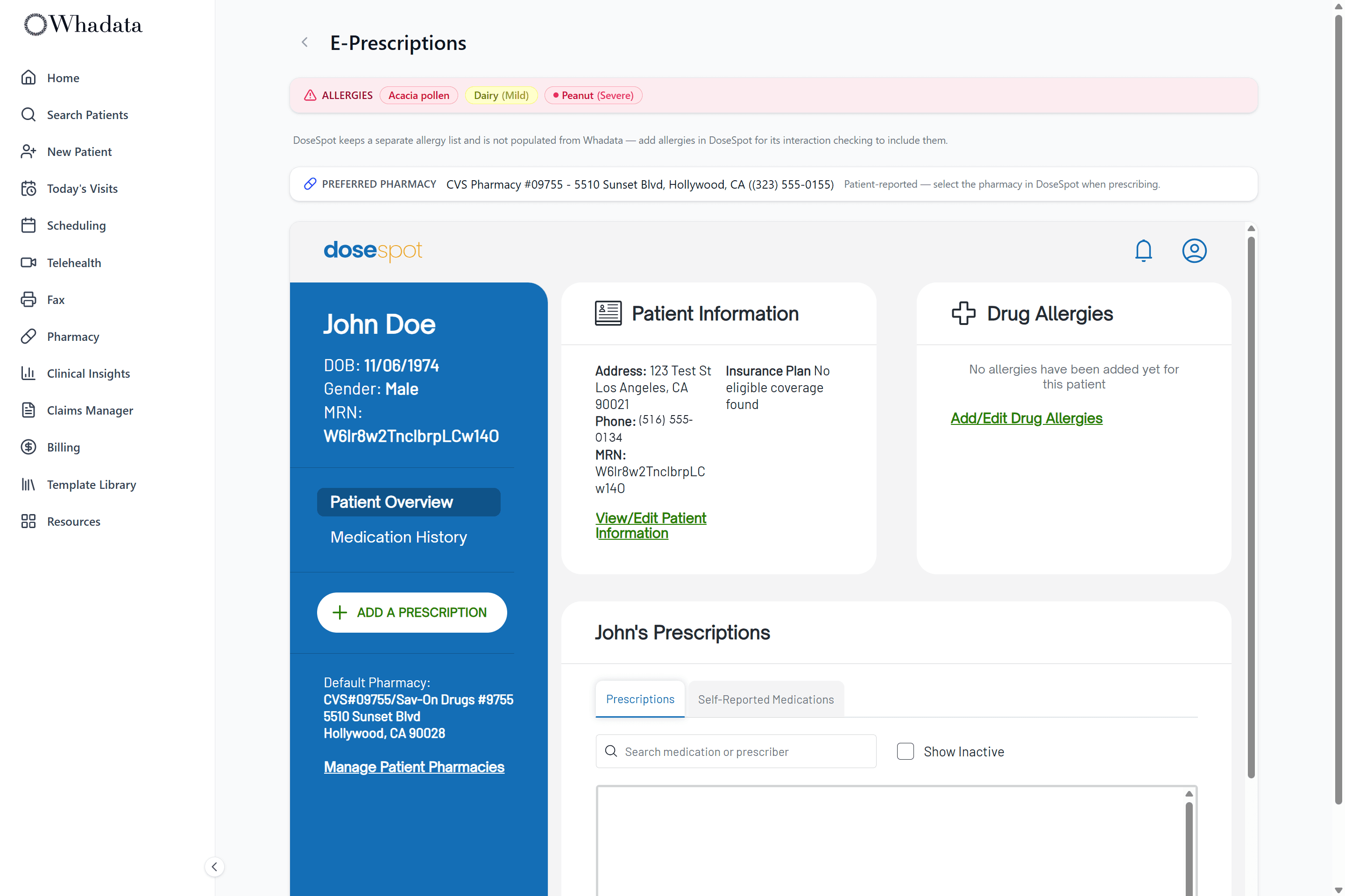 Preferred pharmacy shown on the prescribing page above the embedded DoseSpot session