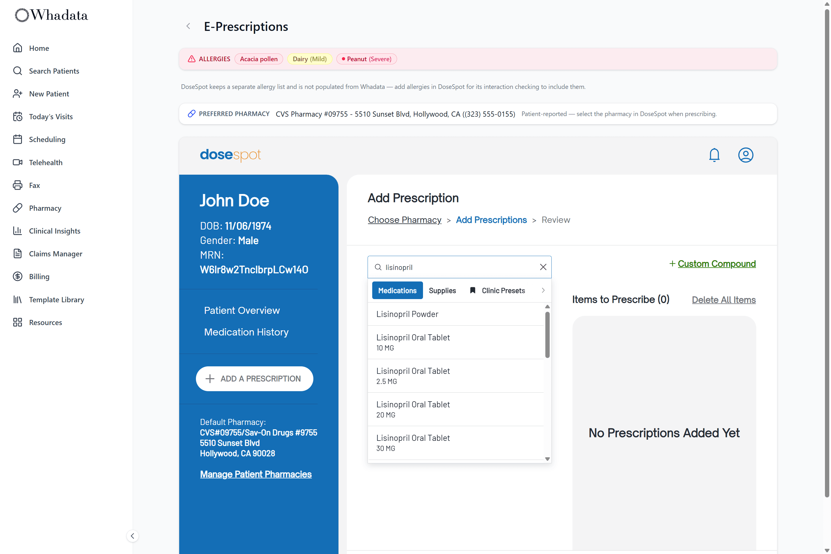 DoseSpot Add Prescription step open in the chart with a medication search returning results