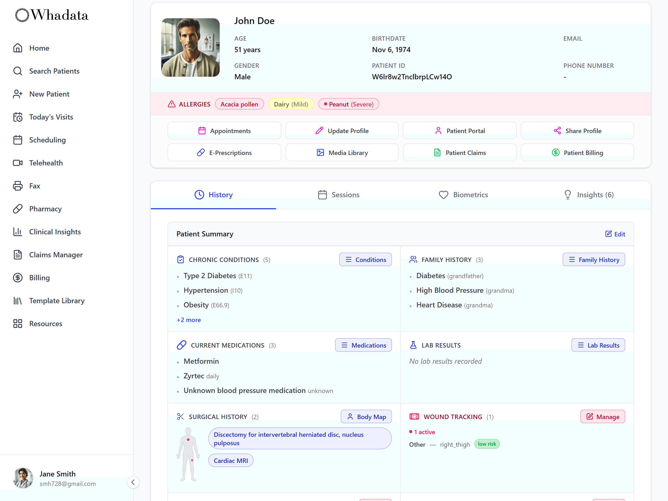 Patient summary showing chronic conditions, family history, medications, surgical history, and wound tracking extracted into one record